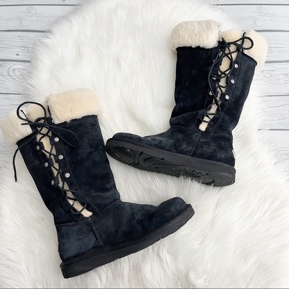 UGG Shoes - UGG Australia Tall Upside Black Suede Lace Up Fur boots